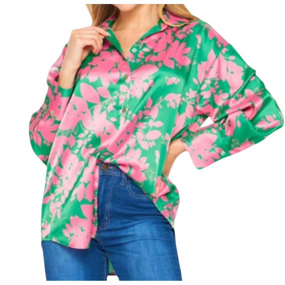 NEW BIG HIT FASHION tara button down blouse in pink green floral